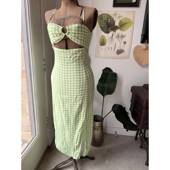 Zara Dresses & Skirts - Zara Green Gingham Cut Out Strappy Sleeveless Midi Dress Size S